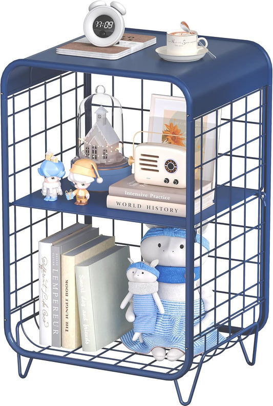 Cute Nightstand,Metal Side Table,3-Tier Modern End Table with Storage Shelf, Unique Side Tables, Cute Coffee Table for Living Room, Small Table for Bedroom,Navy Blue
