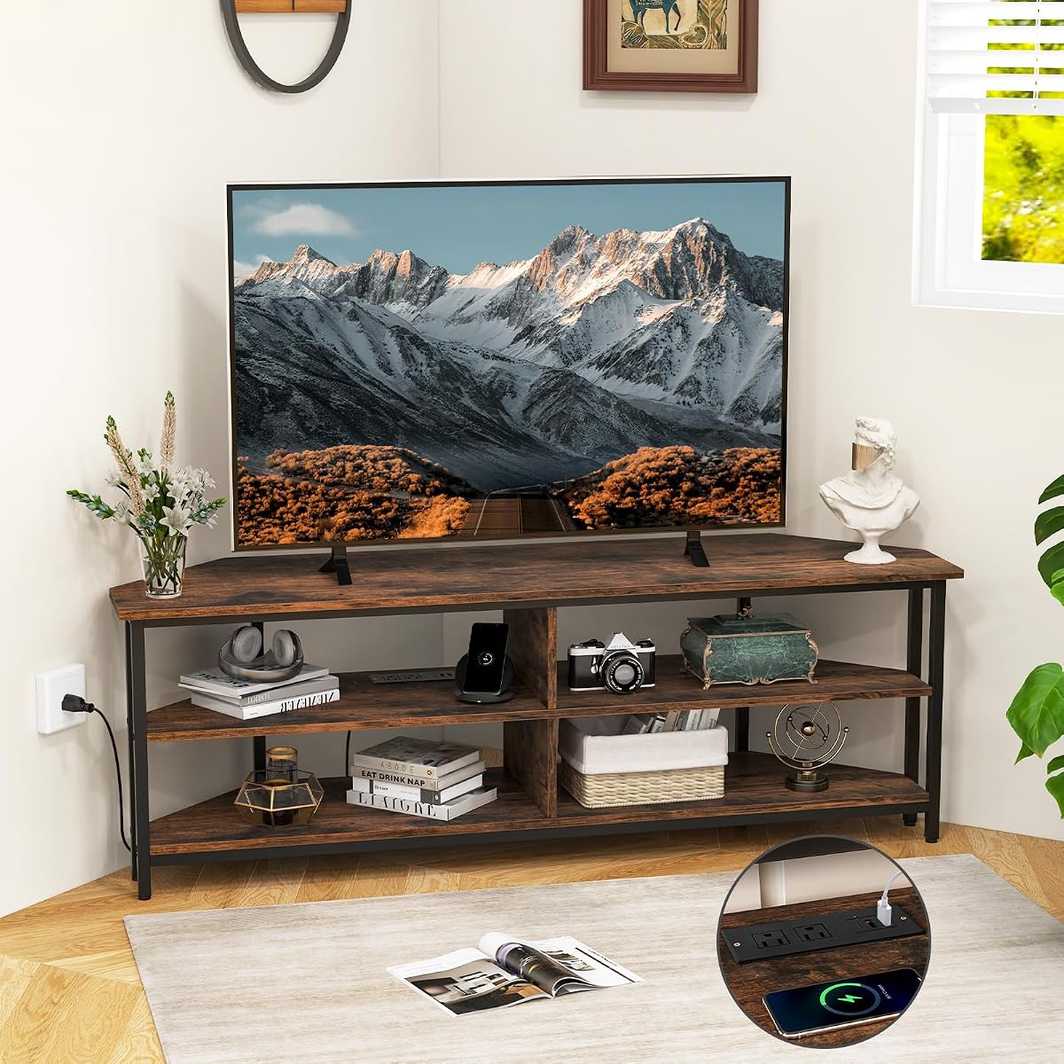Corner TV Stand for TVs up to 65”, TV Console Table w/AC Outlets, USB A Ports