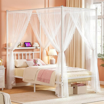 Twin Canopy Bed Frame with Storage Headboard Minimalist Style 4 Posters Bed