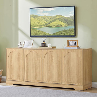 62.2 Inch TV Stand for TVs up to 70 Inches, Tall Entertainment Center Cabinet with 4 Fluted & Arched Doors and Cable Management for Living Room Bedroom, Natural Oak