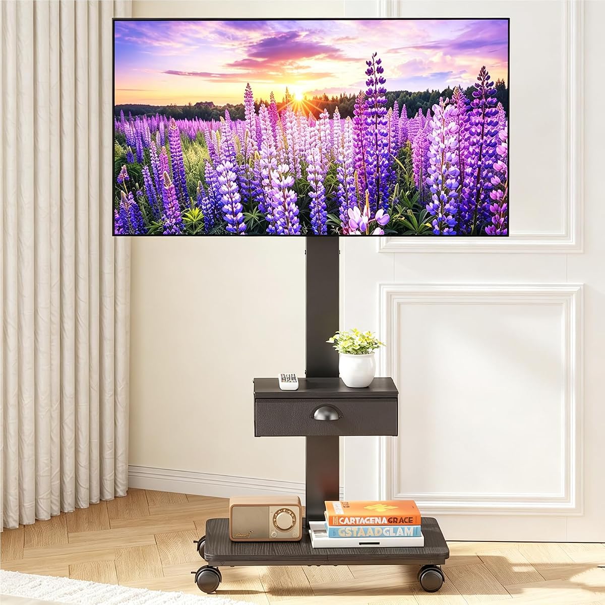Rolling TV Stand With Drawer, TV Stand Cart On Wheels For 30-75 Inch TVs
