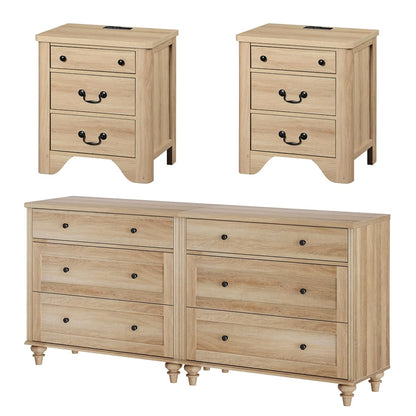 4 Piece Bedroom Set - Includes Farmhouse 3 Drawer Storage Cabinet, Set of 2 Bedside Tables with Charging Station, Dresser and Nightstand Sets, Oak