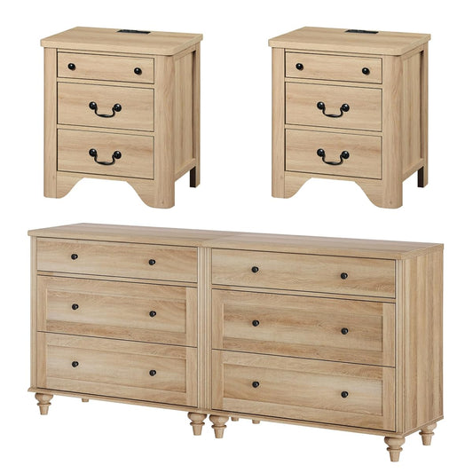 4 Piece Bedroom Set - Includes Farmhouse 3 Drawer Storage Cabinet, Set of 2 Bedside Tables with Charging Station, Dresser and Nightstand Sets, Oak
