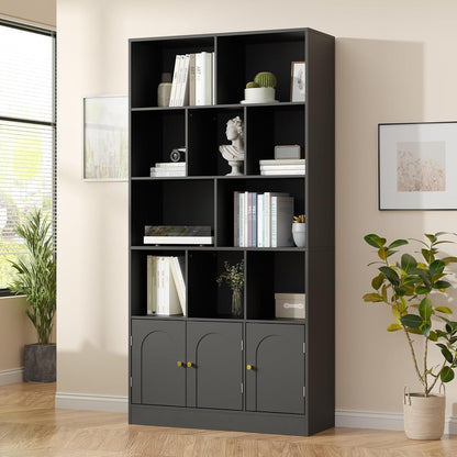 71" Tall Bookshelf with 10 Cubes and 3 Doors, 4-Tier Bookshelf, Open Shelf Bookcase with Cabinet, Modern Cube Storage Organizer for Living Room, and Office, Black