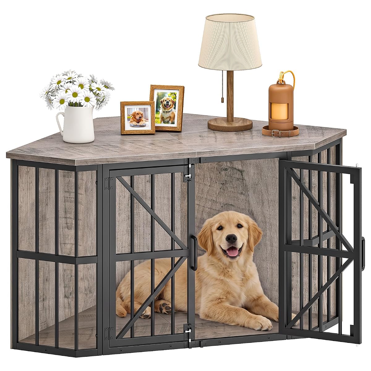 44" Corner Dog Crate Furniture for Medium Dogs, Greige TGW03BG