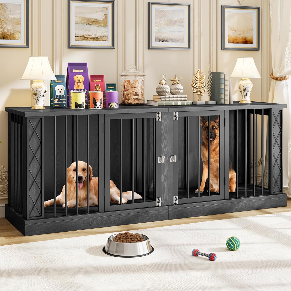 86.6" Wooden Double Dog Crate Furniture for 2 Large Dogs, Black