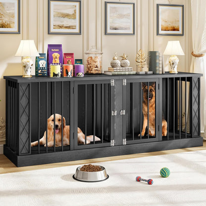 86.6" Wooden Double Dog Crate Furniture for 2 Large Dogs, Black