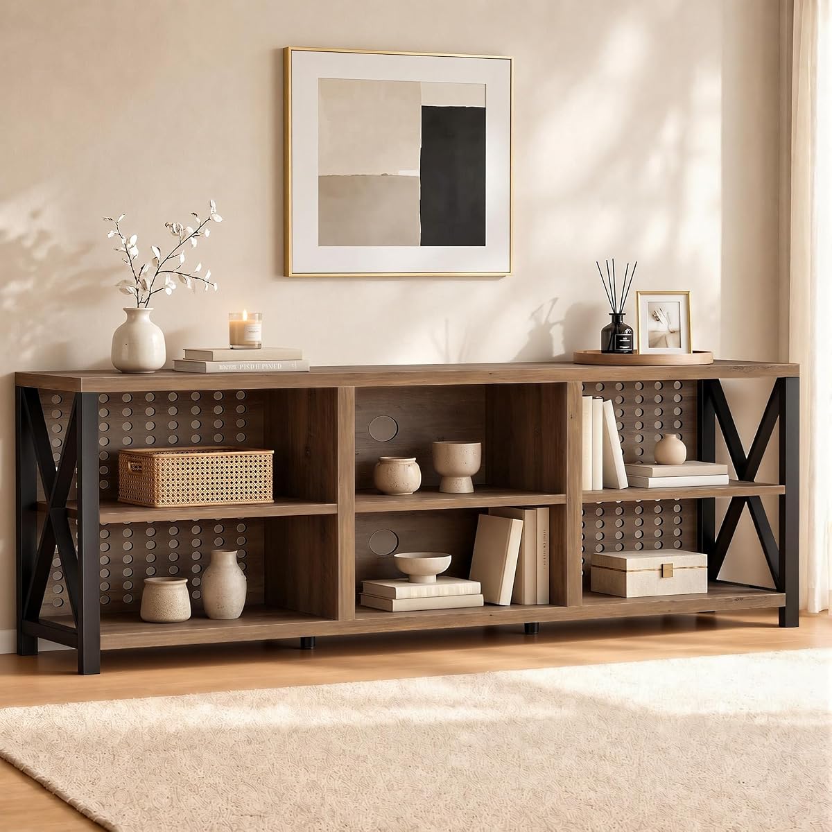 Rustic Entertainment Center for 65 Inch TV, Industrial Wood and Metal TV Stand with Storage Shelf, Modern Television Media Console Table with Cabinet for Living Room Bedroom, Rustic Oak, 55 Inch