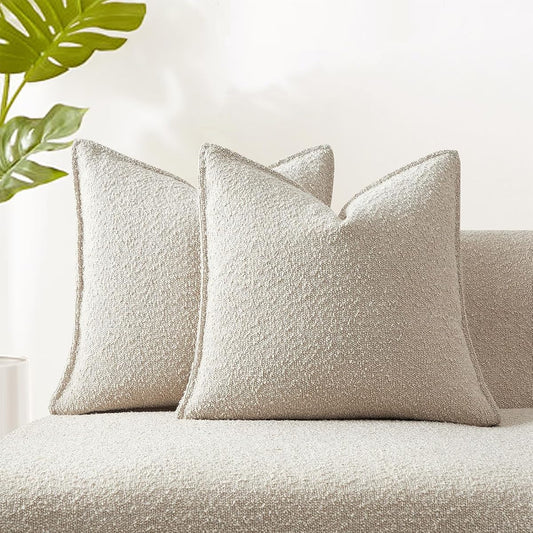 Set of two beige boucle textured throw pillow covers