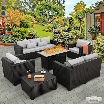 6 Pcs Outdoor Furniture Sets Patio Furniture Set with 45" Fire Pit Patio Couch Outdoor Chairs 60000 BTU Steel Propane Fire Pit Table No-Slip Cushions and Waterproof Covers, Light Grey