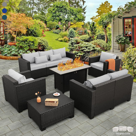 6 Pcs Outdoor Furniture Sets Patio Furniture Set with 45" Fire Pit Patio Couch Outdoor Chairs 60000 BTU Steel Propane Fire Pit Table No-Slip Cushions and Waterproof Covers, Light Grey