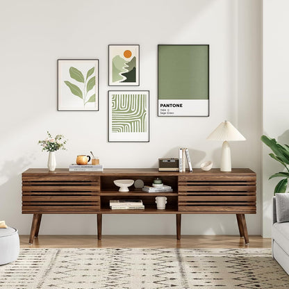 Mid Century Modern TV Stands for up to 70" TV with Storage, Fluted Wood TV Stand for Living Room, Boho Media Console, Entertainment Center with Cable Management