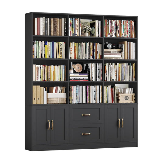 71" Tall Triple Wide Bookshelf with Storage Drawers & Doors, Black