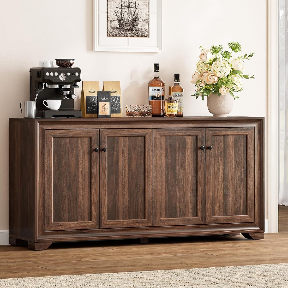 60" Buffet Cabinet with Storage, Sideboard Buffet Table Brown