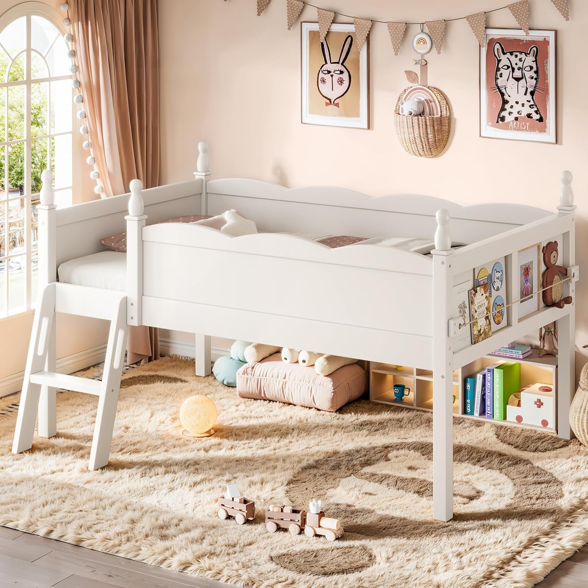 JIVOIT Twin Low Loft Bed, Solid Wood, Full Guardrails, Ladder & Side Bookshelf (Beige/ Twin,76)