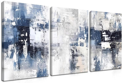 Abstract Blue and White Wall Art Set of 3, Modern Simple Navy Framed Canvas Prints Poster, Gray Painting Picture for Living Room, Bedroom, Office Wall Decor 12x16 Inch