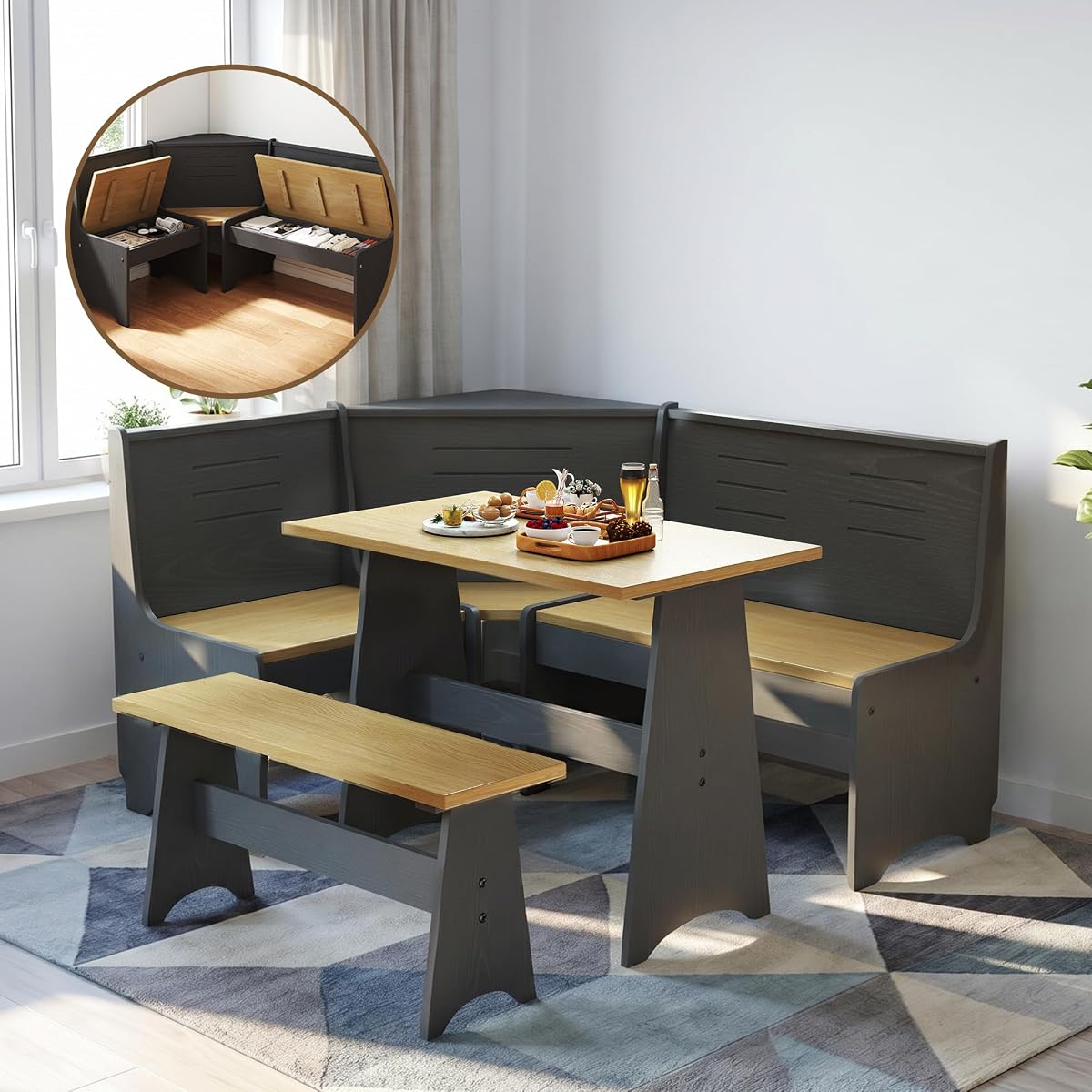 3-5 People Breakfast Nook Set, L-Shaped Corner Dining Table with Bench, Hidden Storage Space Saving Convertible for Family Home Black Wood