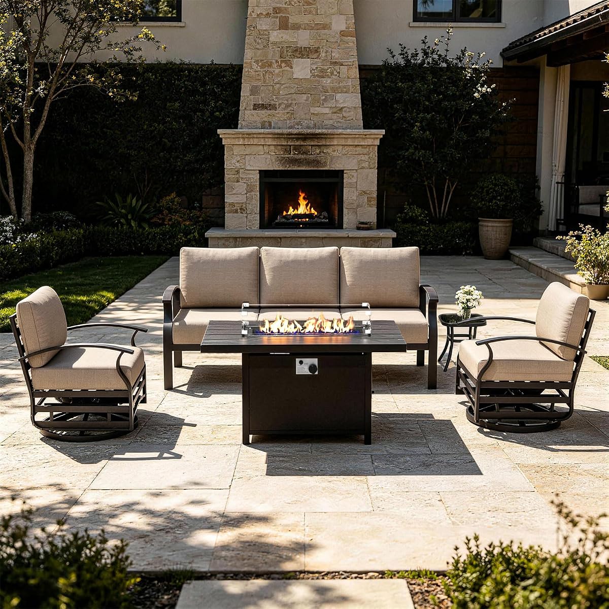 Aluminum Patio Furniture Set 5-Seat Modern Metal Outdoor Conversation Sets w/45in Propane Fire Pit Table, Swivel Rocking Chairs Patio Sectional Sofa w/5.1 Inch Cushion, Sand