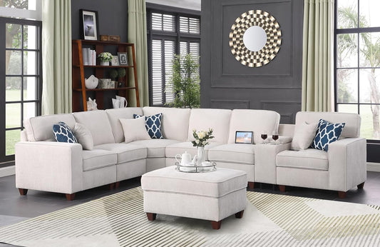 127" L-Shaped Sectional Couches for Living Room with Movable Ottoman,2 Cup Holders & USB Ports,7 Seat Chenille Upholstered Sofa W/6 Throw Pillows & Hidden Storage Box,DIY Combination,Beige