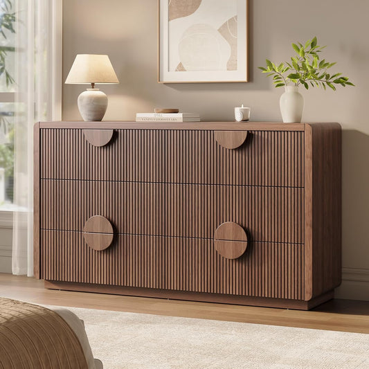 55" Wide 6-Drawer Dresser for Bedroom, Fluted Dresser with Storage
