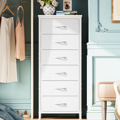 Tall Dresser for Bedroom, Stable 6 Drawer Dresser with Anti-Tip Device, PU Leather & Fabric Drawers, Tall Nightstand for Closet, Nursery, Storage Tower for College Dorm High Beds, White