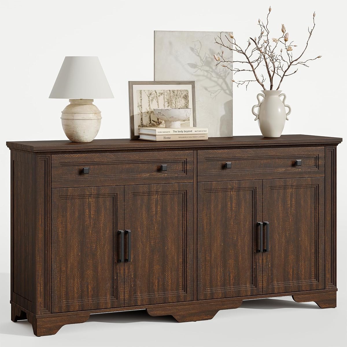 63" Sideboard Buffet Cabinet, Large Credenza with Drawers Walnut