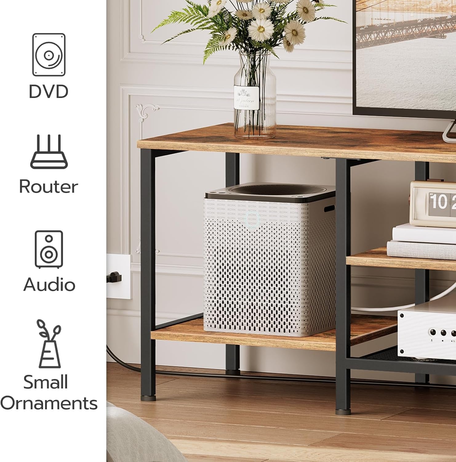 TV Stand with Power Outlets to 75 Inches, TV Console Table with Open Storage Shelves Cabinet, Industrial Media Entertainment Center for Living Room Bedroom, Rustic Brown and Black BF60DS01