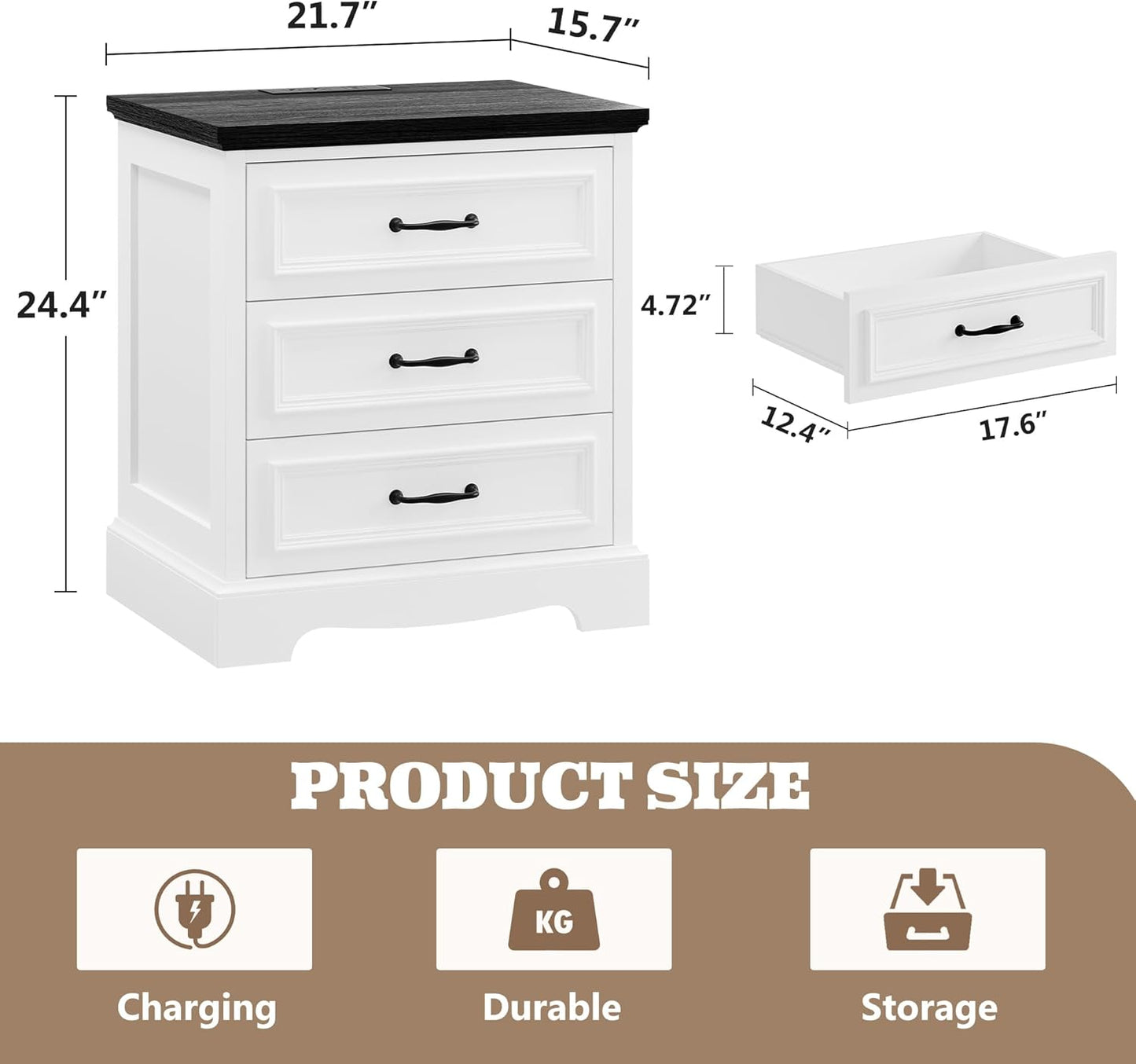 21.7W Farmhouse Nightstand Set of 2 with Charging Station,White End Table with 3 Drawers Storage,Wood Night Stand Side Table,Modern Bedside Cabinet for Bedroom Living Room,Dresser for Small Place (2)