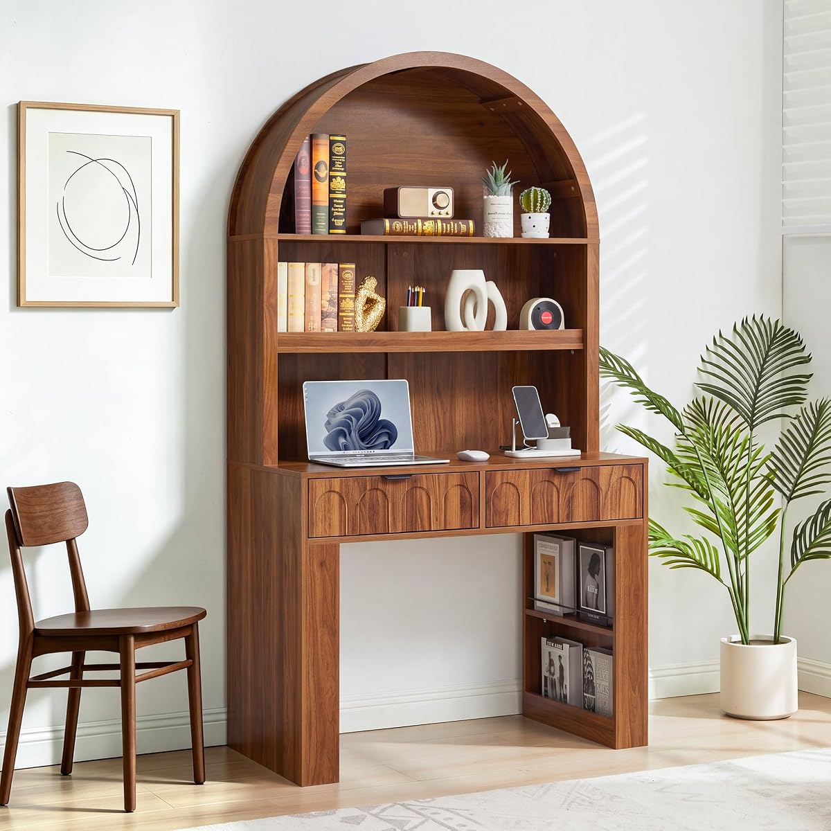Arched Office Desk with Hutch, Walnut, Desktop 39.4" Wx 19.7" D
