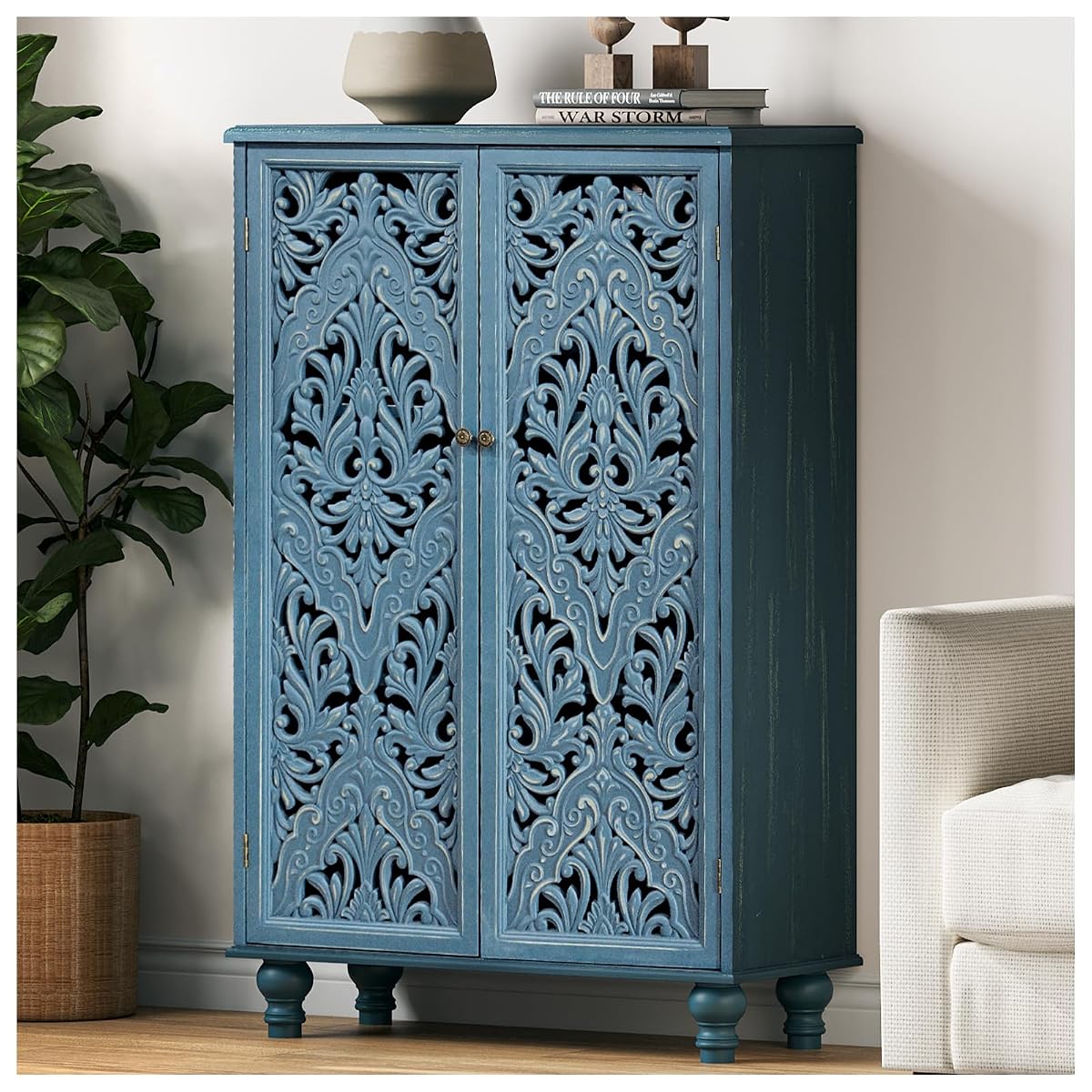47" Tall Accent Cabinet with Carved Doors & Storage for Living Room | Vertical Storage for Dining Room,Bedroom, Carved Floral Design, Farmhouse & Rustic Style, Adjustable Shelves, Easy Assembly