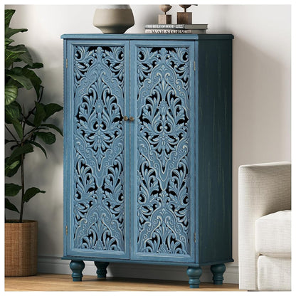 47" Tall Accent Cabinet with Carved Doors & Storage for Living Room | Vertical Storage for Dining Room,Bedroom, Carved Floral Design, Farmhouse & Rustic Style, Adjustable Shelves, Easy Assembly