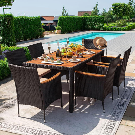 Dining 7 PCS Furniture, Patio Conversation Set with Acacia Wood Table Top, Outdoor, Beige Cushion and Black Rattan
