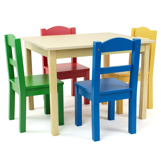 Kids Wooden Table and 4 Chairs Set, Natural/Primary - Kids Table and Chair Set for Toddlers and Children for Arts, Crafts, and Snack Time - Sturdy, Durable Toddler Activity Table