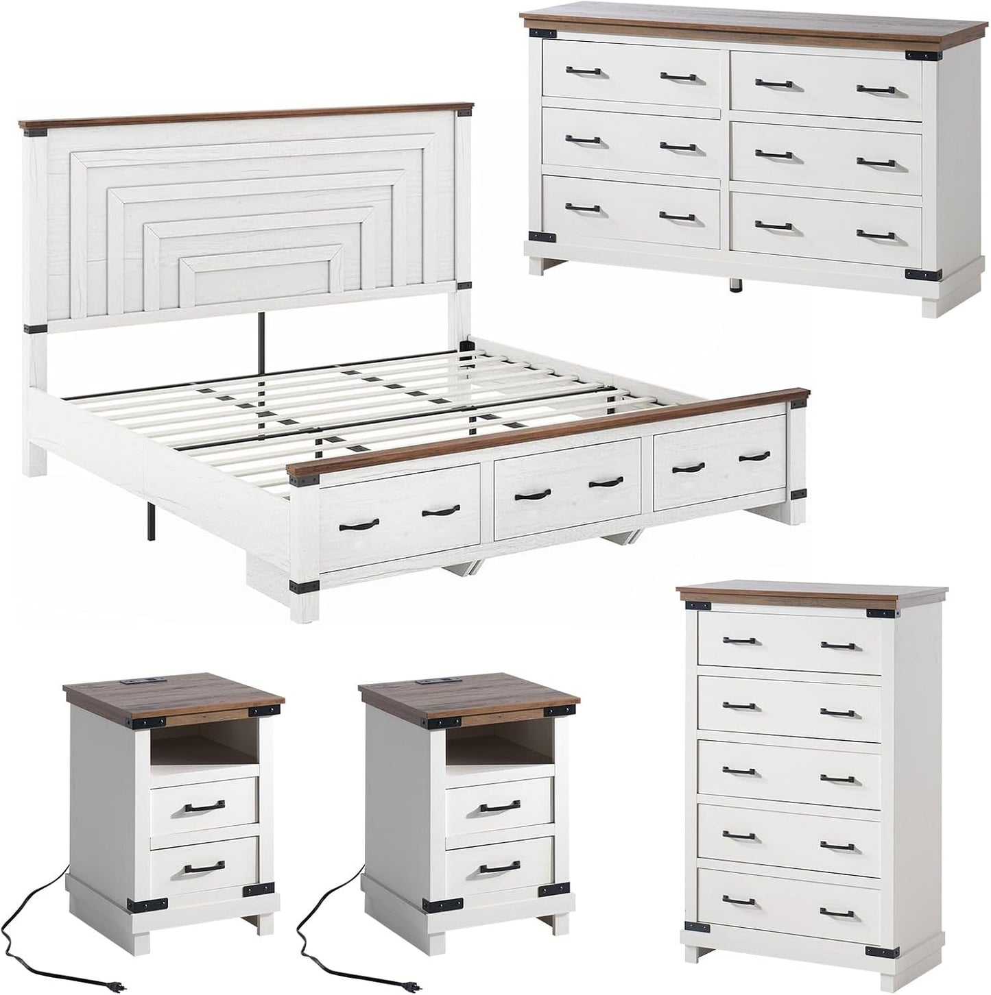5-Piece Farmhouse Bedroom Set, Includes Wood Rustic King Bed Frame with 54" Tall Headboard, 6 Drawer Dresser Chests, 5 Drawers Tall Dresser, Nightstands Set of 2 with Charging Station, White