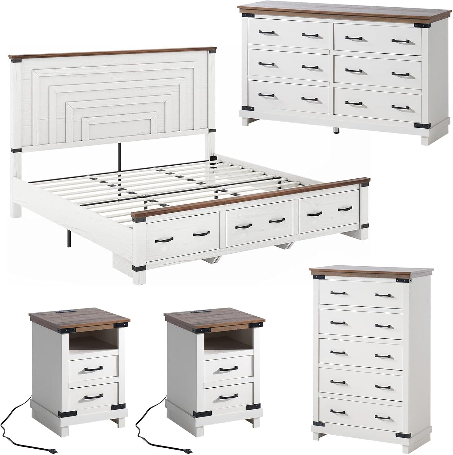 5-Piece Farmhouse Bedroom Set, Includes Wood Rustic King Bed Frame with 54" Tall Headboard, 6 Drawer Dresser Chests, 5 Drawers Tall Dresser, Nightstands Set of 2 with Charging Station, White