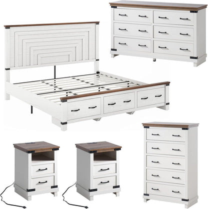 5-Piece Farmhouse Bedroom Set, Includes Wood Rustic King Bed Frame with 54" Tall Headboard, 6 Drawer Dresser Chests, 5 Drawers Tall Dresser, Nightstands Set of 2 with Charging Station, White