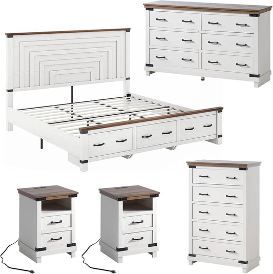 5-Piece Farmhouse Bedroom Set, Includes Wood Rustic King Bed Frame with 54" Tall Headboard, 6 Drawer Dresser Chests, 5 Drawers Tall Dresser, Nightstands Set of 2 with Charging Station, White