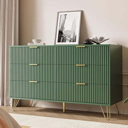Green 6 Drawer Dresser for Bedroom, Fluted Dresser with Gold metal Handles