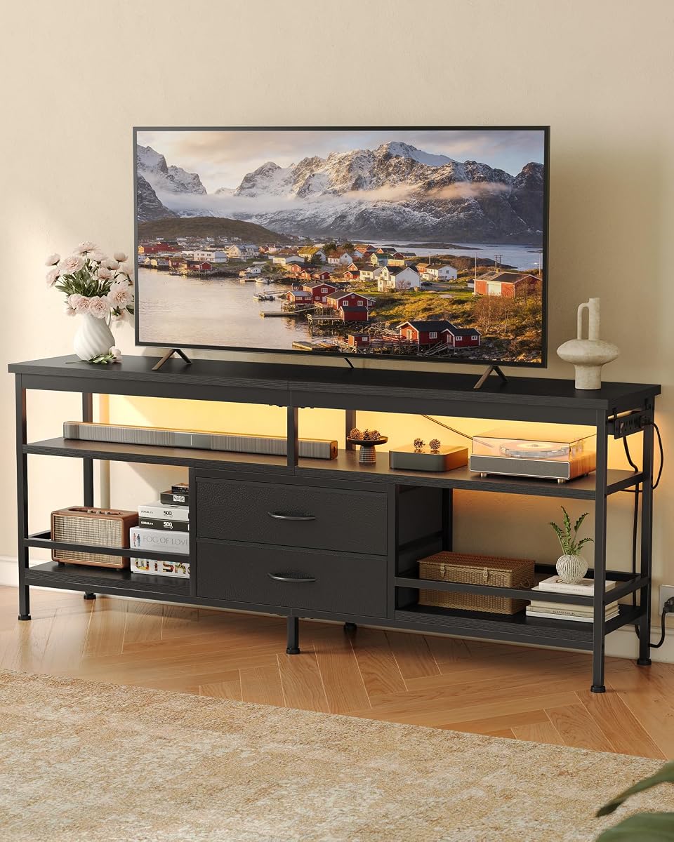 63in TV Stand for 55-75in TVs, LED Lights, Charging Station, Black