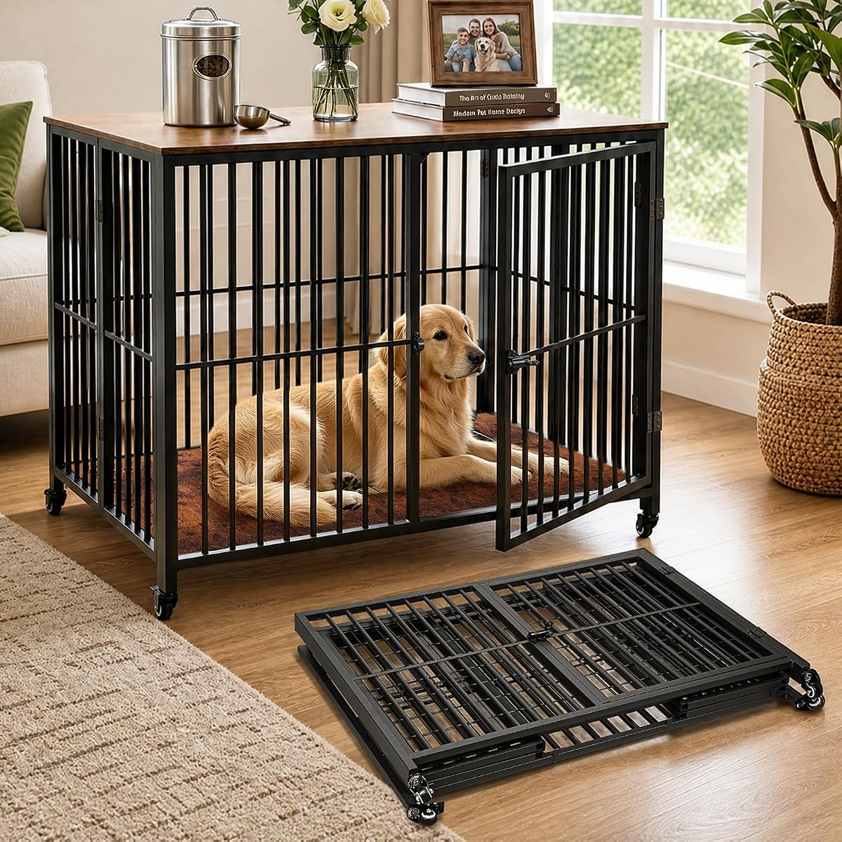 42.3" Large Dog Crate Furniture Foldable, Easy Assembly Dog Kennel Indoor