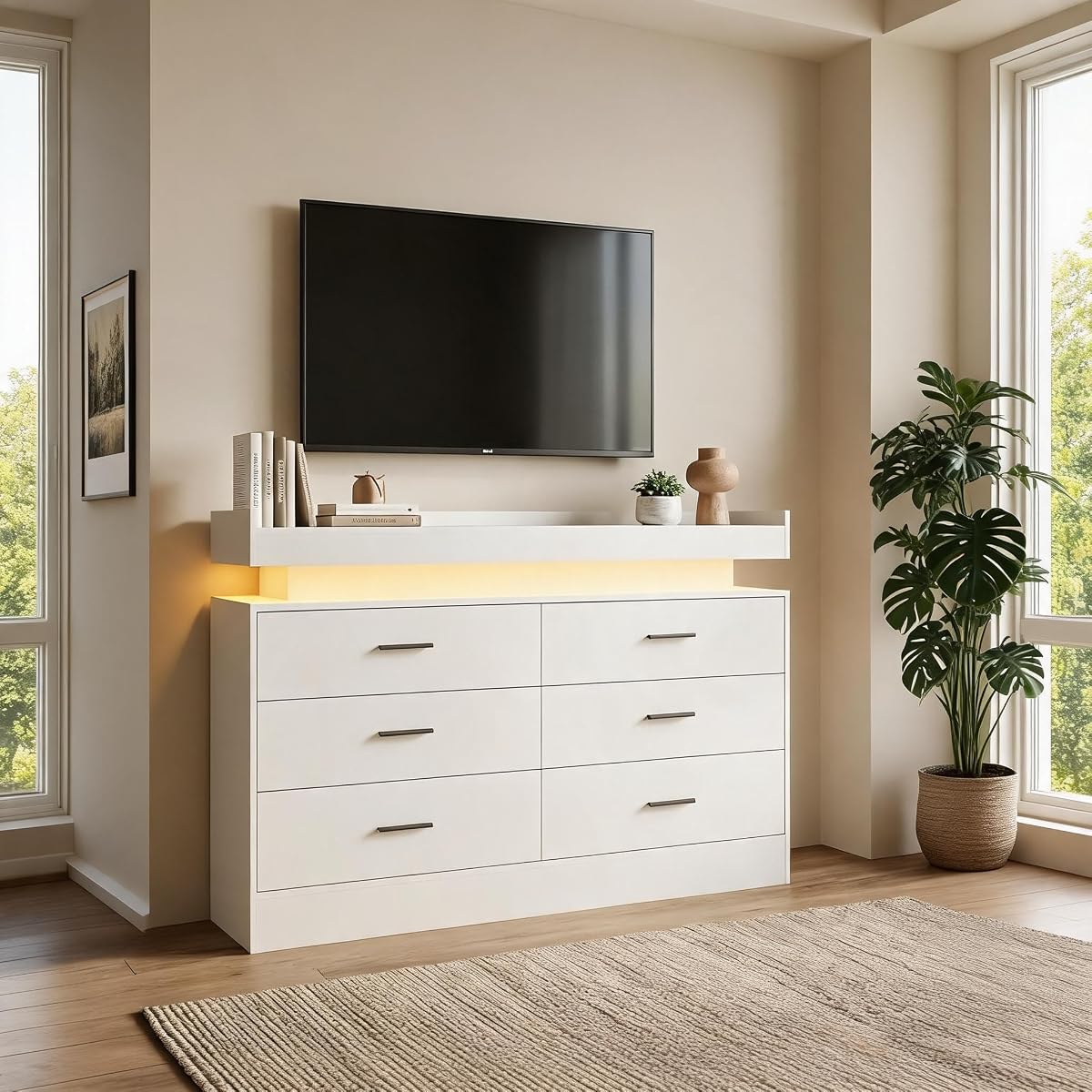 TV Stand Cabinet with LED Lights & Charging Station