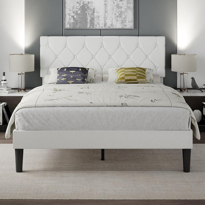 Full Bed Frame with Upholstered Tufted Headboard, Pure White