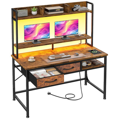 39.4" Office Desk with Hutch&Drawers,Monitor Stand, LED Lights