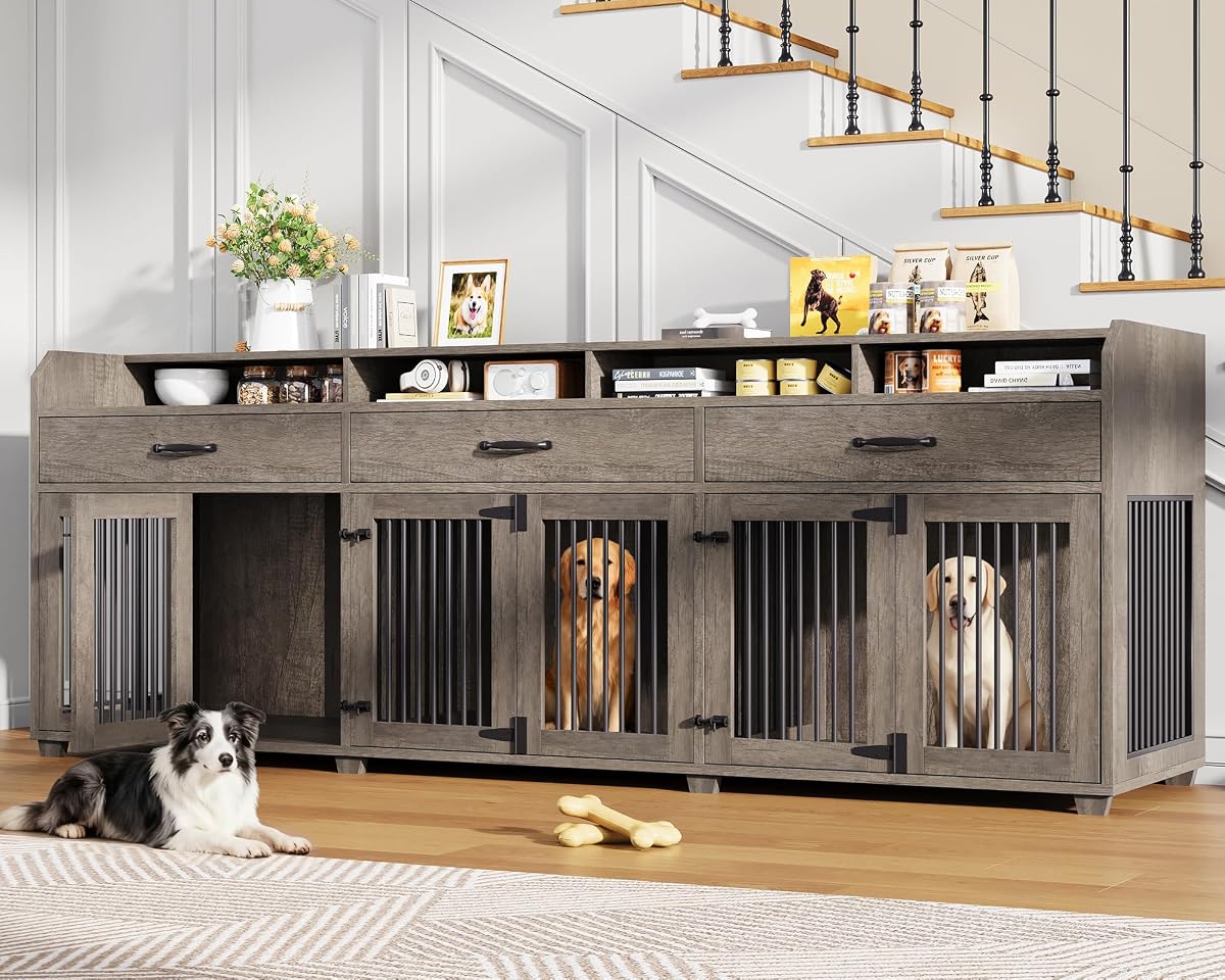 95" Farmhouse Large Dog Crate Furniture with 3-Room Indoor Kennel