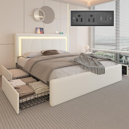 Full Size Bed Frame with 4 Storage Drawers, LED Light, White Upholstered