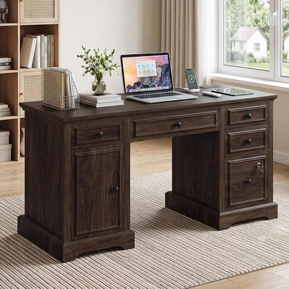 59" Farmhouse Executive Desk with Drawers, Wood Home Office Computer Desk