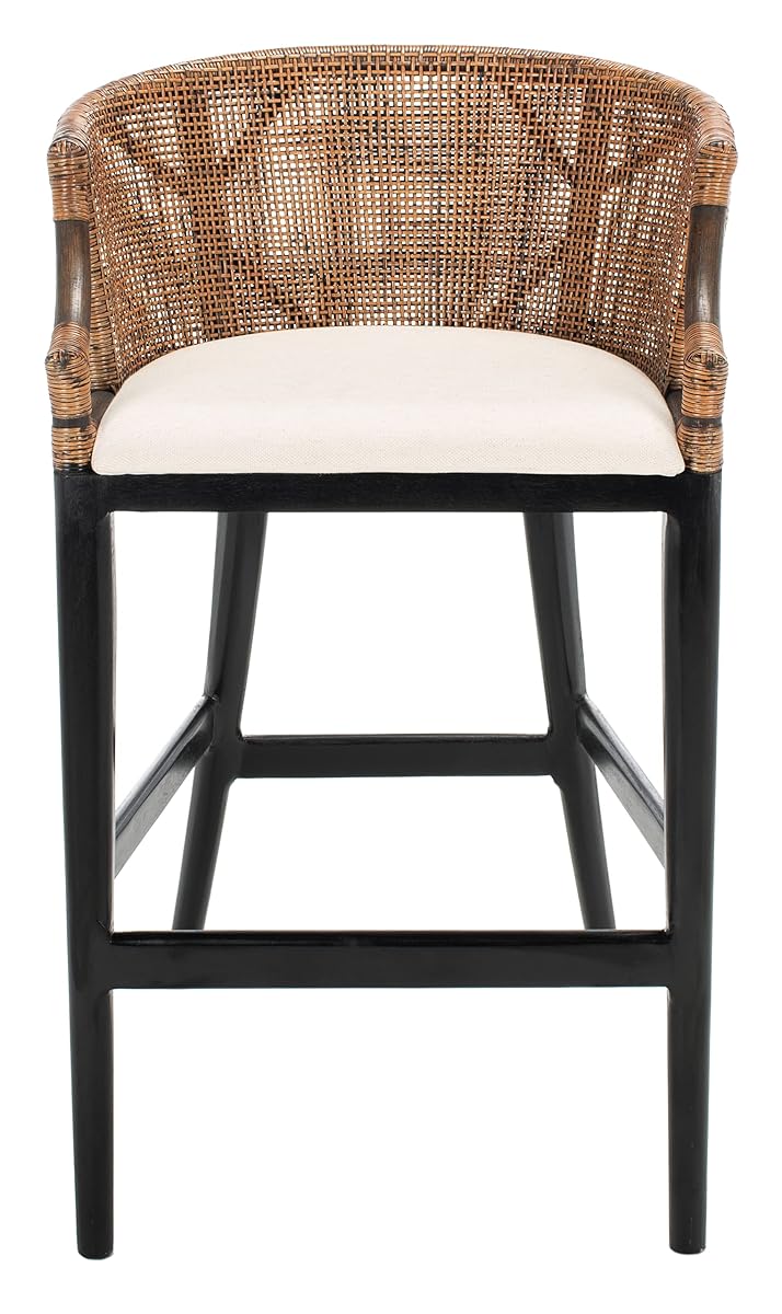 SAFAVIEH Furniture - Brando Rattan Bar Stool - Brown & Black - Solid Wood - Coastal Rattan-Back Design - Ideal for Kitchen, Bar Area, Dining Room (SEA4014D)