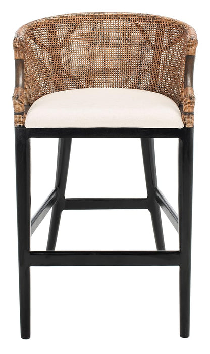 SAFAVIEH Furniture - Brando Rattan Bar Stool - Brown & Black - Solid Wood - Coastal Rattan-Back Design - Ideal for Kitchen, Bar Area, Dining Room (SEA4014D)