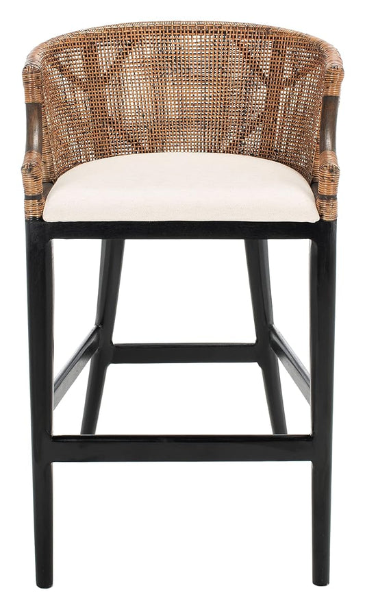 SAFAVIEH Furniture - Brando Rattan Bar Stool - Brown & Black - Solid Wood - Coastal Rattan-Back Design - Ideal for Kitchen, Bar Area, Dining Room (SEA4014D)