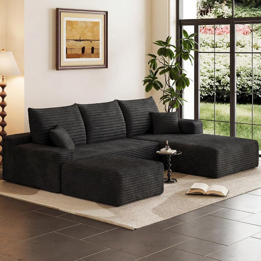 95" Cloud Sectional Couch with Ottoman,Modern U-Shaped Cloud Couch with Deep Seat,Comfy Corduroy 3-Seater Sofa,Memory Foam Sofa for Living Room,No Assembly (Black,Right-Facing Chaise)